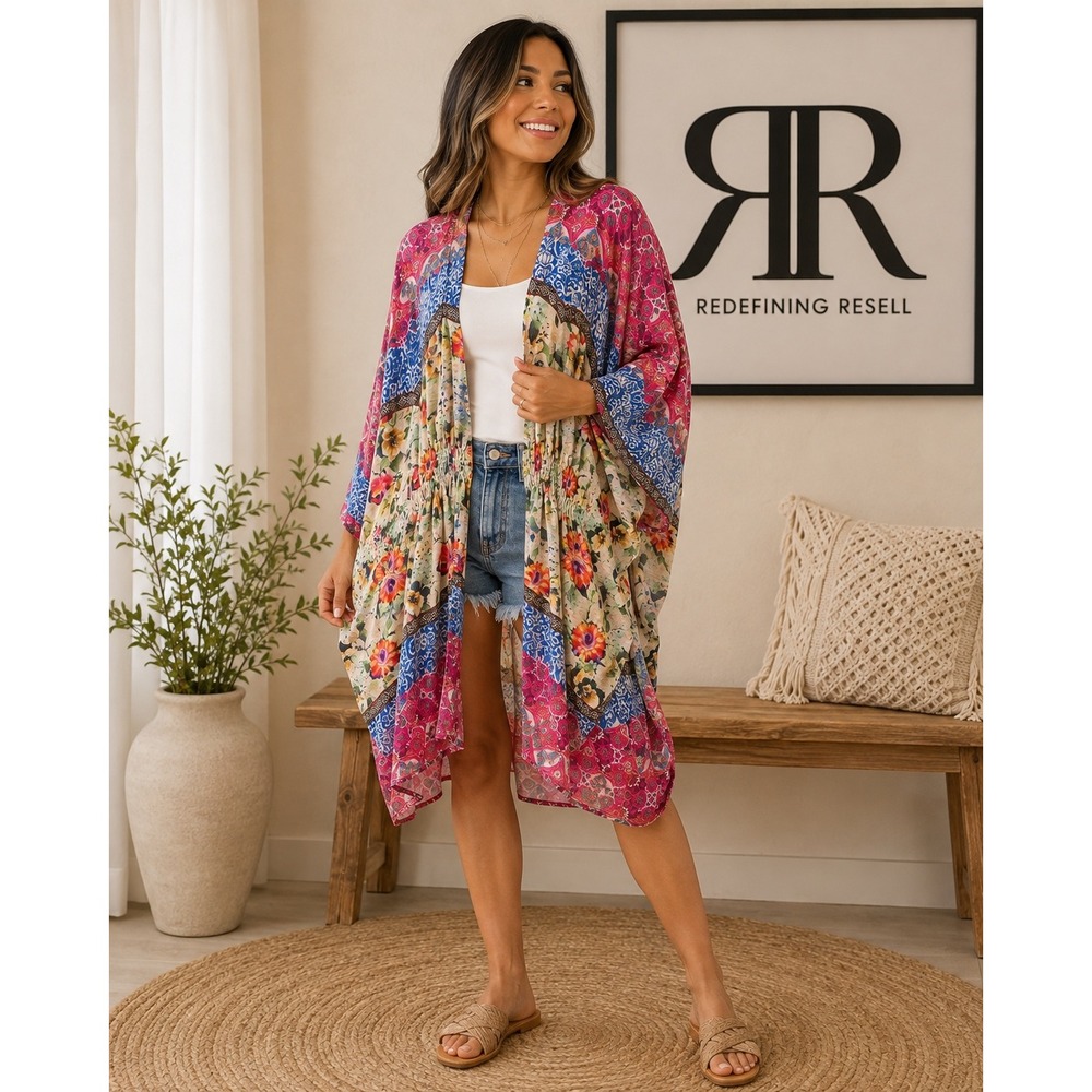 Umgee Floral Patchwork Kimono Wrap Pink Blue Smocked Waist R0960 ML NEW